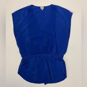 Wilfred Aritzia 100% Silk Royal Blue Smocked Waist Blouse XXS